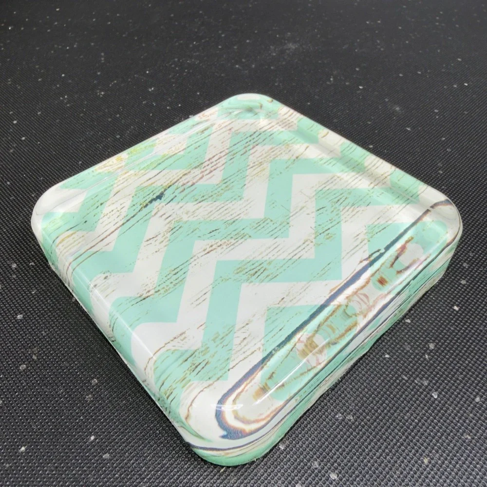 Mint Green Chevron‎ Glass Trinket Dish Square Decorative Jewelry Paperweight VTG